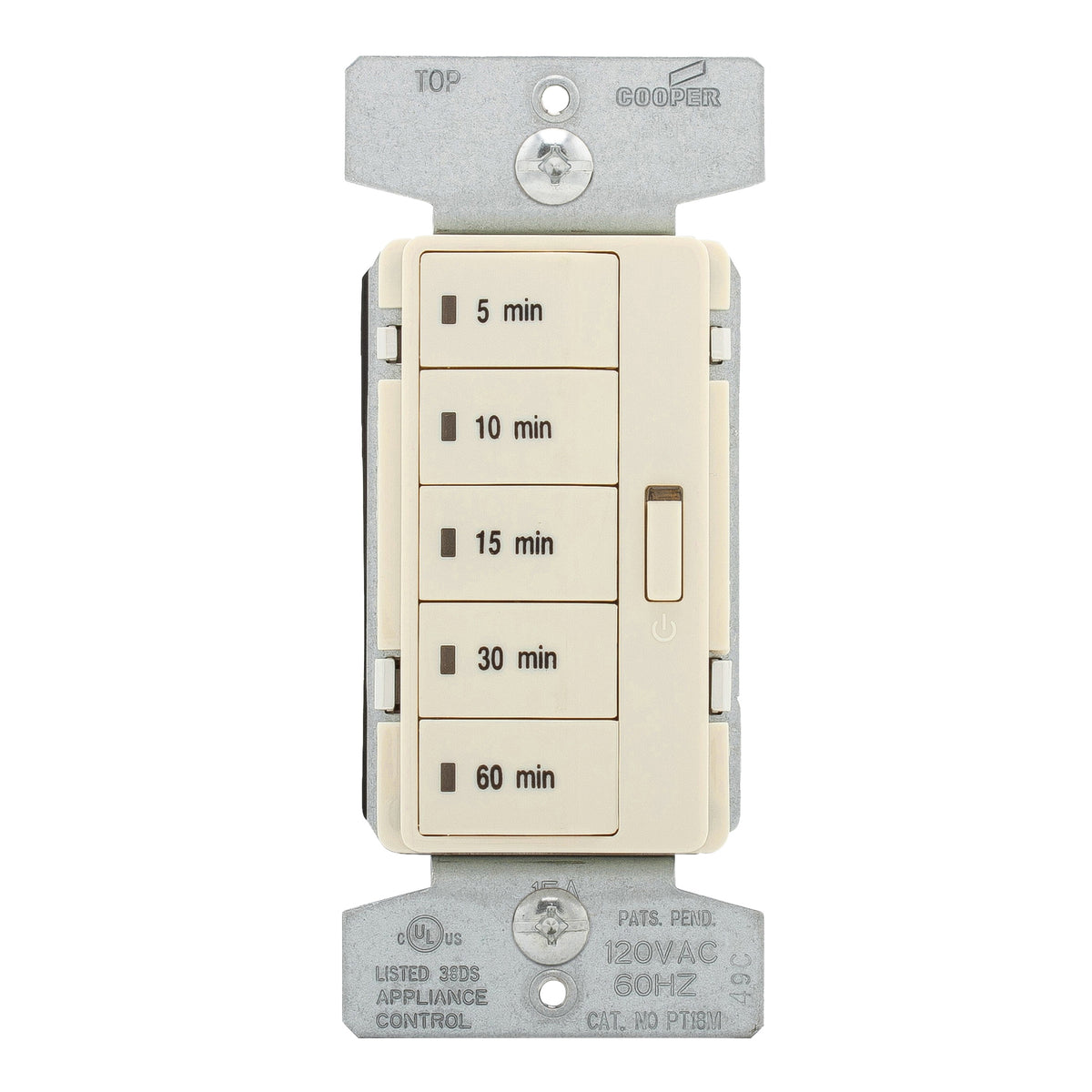 Eaton Wiring Devices PT18M-LA-K Minute Timer, 15 A, 120 V, 1800 W, 5 to 60 min Time Setting, Light Almond