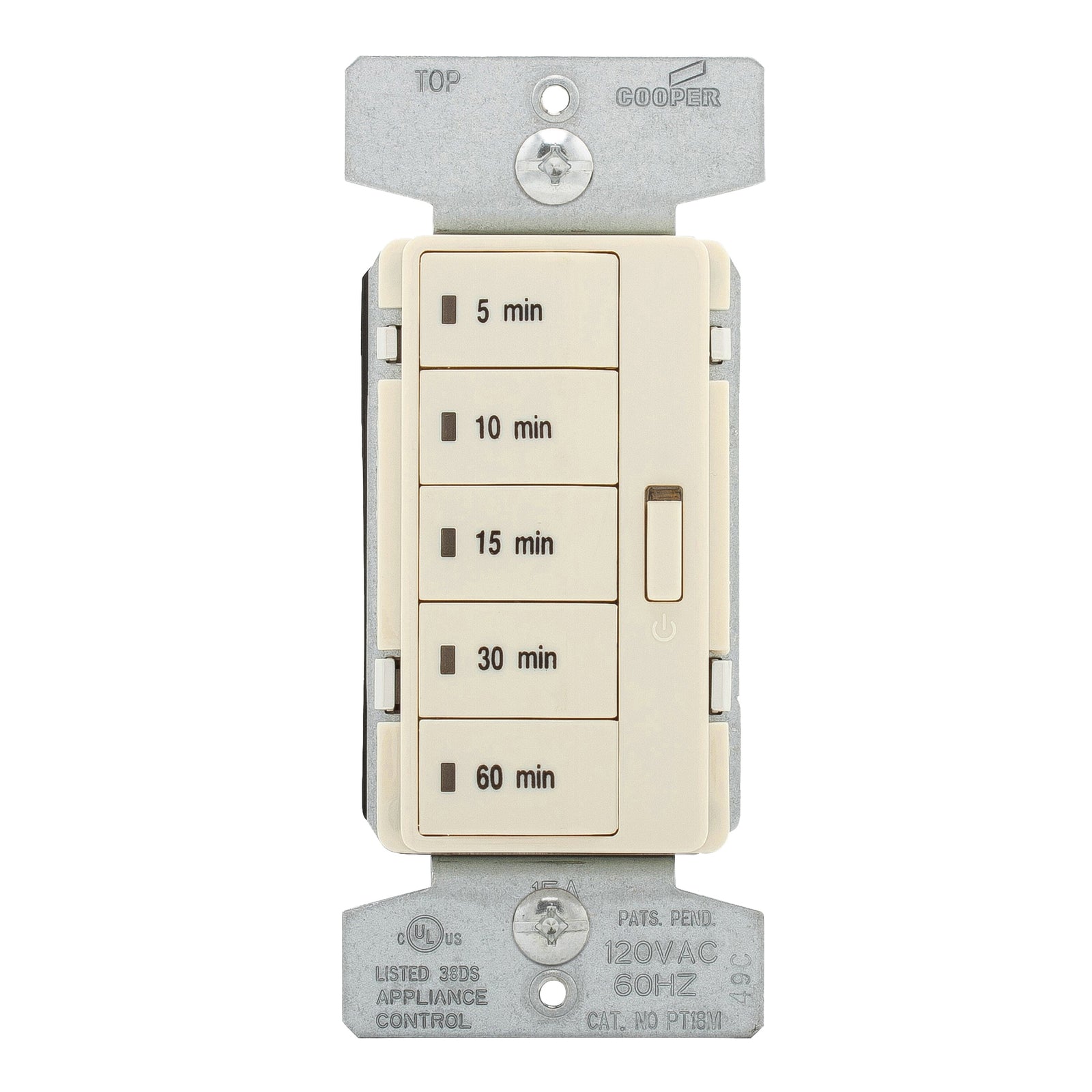 Eaton Wiring Devices PT18M-LA-K Minute Timer, 15 A, 120 V, 1800 W, 5 to 60 min Time Setting, Light Almond