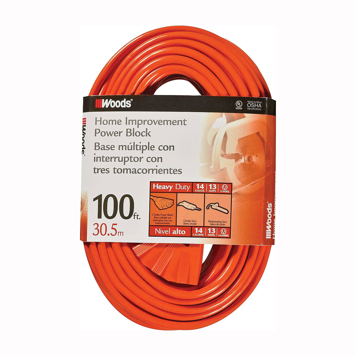 Woods 0827 Extension Cord, 14 AWG Cable, 100 ft L, 13 A, 125 V, Orange