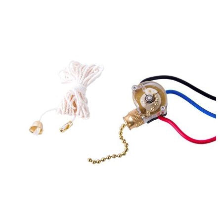 GB GSW-39 Pull Chain Switch, 2-Pole, 125/250 VAC, 6 A, Black/Clear, Brass