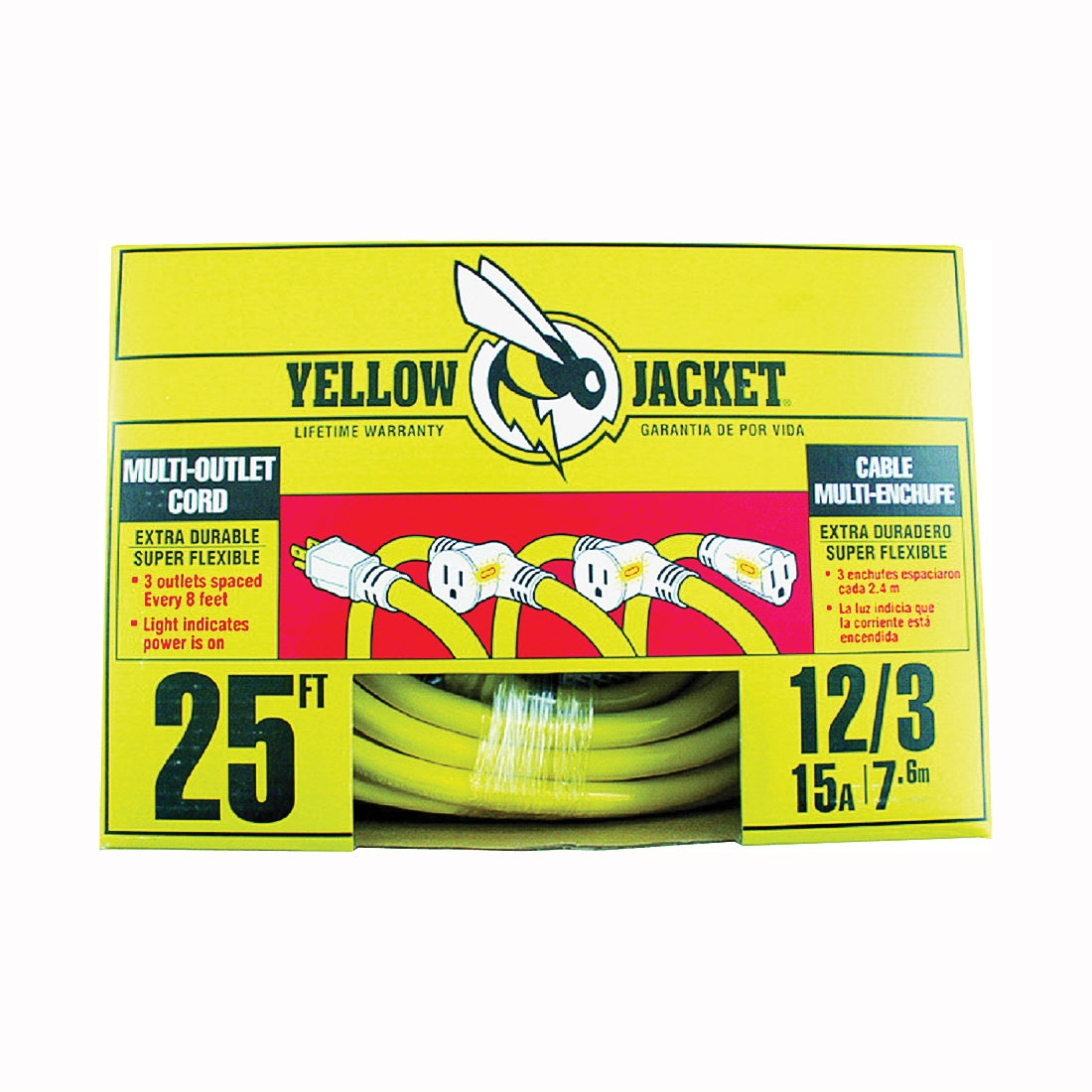 Woods 2830 Power Block Adapter Cord, 12 AWG Cable, 25 ft L, 15 A, 125 V, Yellow