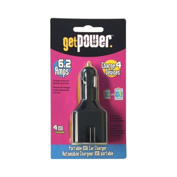 GetPower GP-DC4USB-BLK USB to DC Car Adapter, 12 V Output, 6.2 A Charge, Black