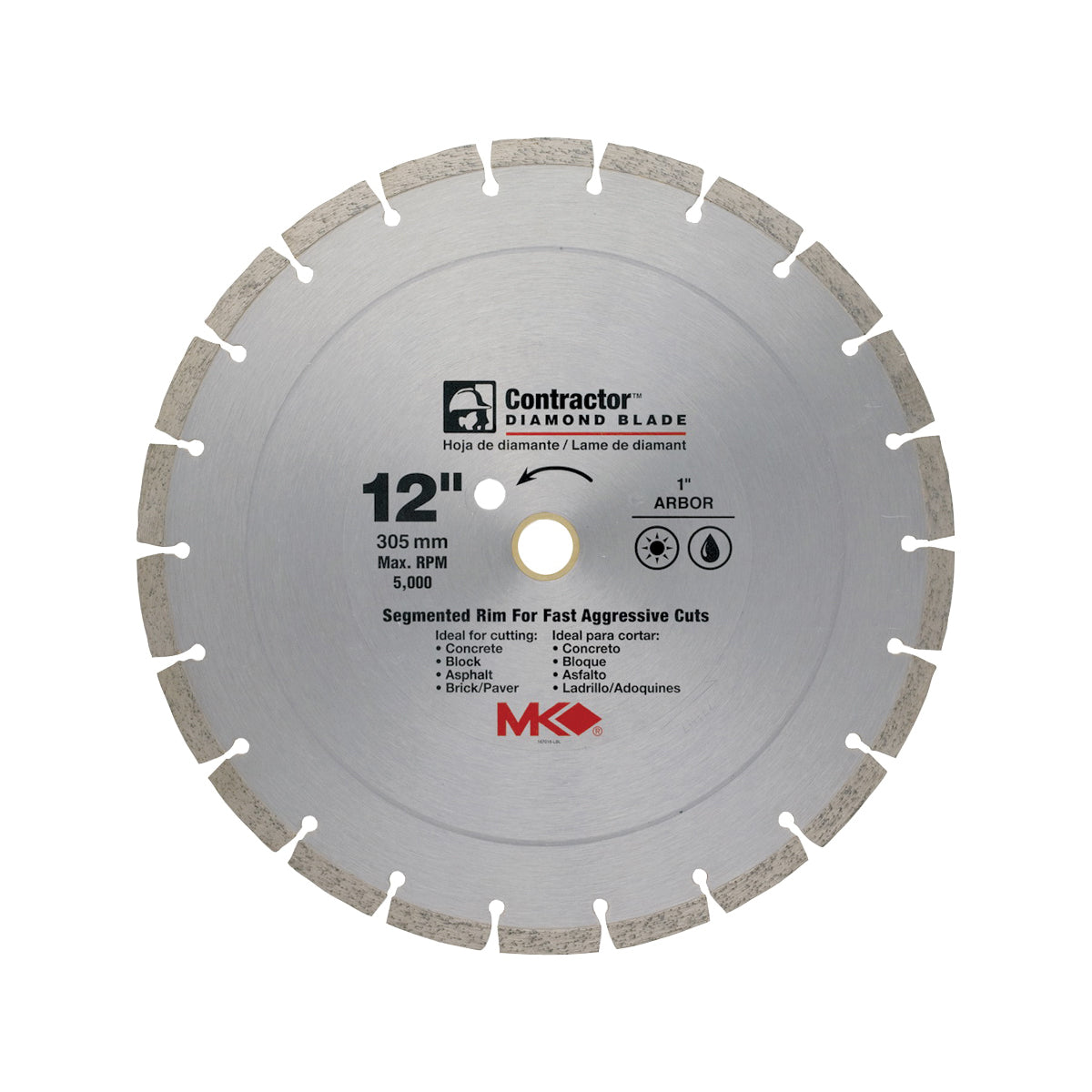 MK 167018 Saw Blade, 12 in Dia, 1 in Arbor, Diamond Cutting Edge, Segmented Rim