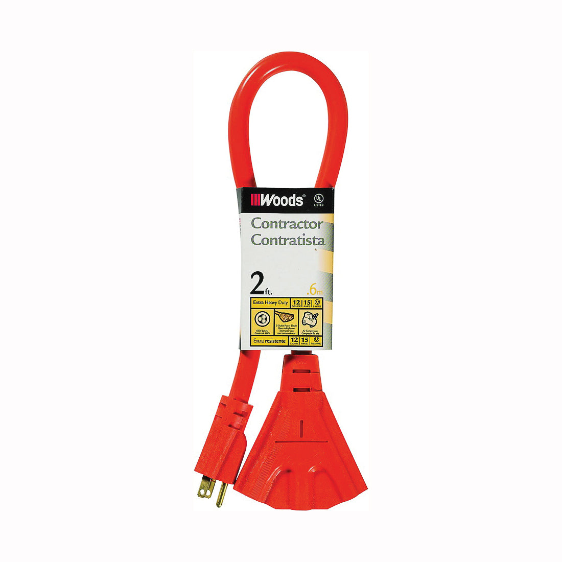 CCI 990824 Extension Cord, 2 ft L, 3 -Outlet, 15 A, 125 V, Orange Sheath