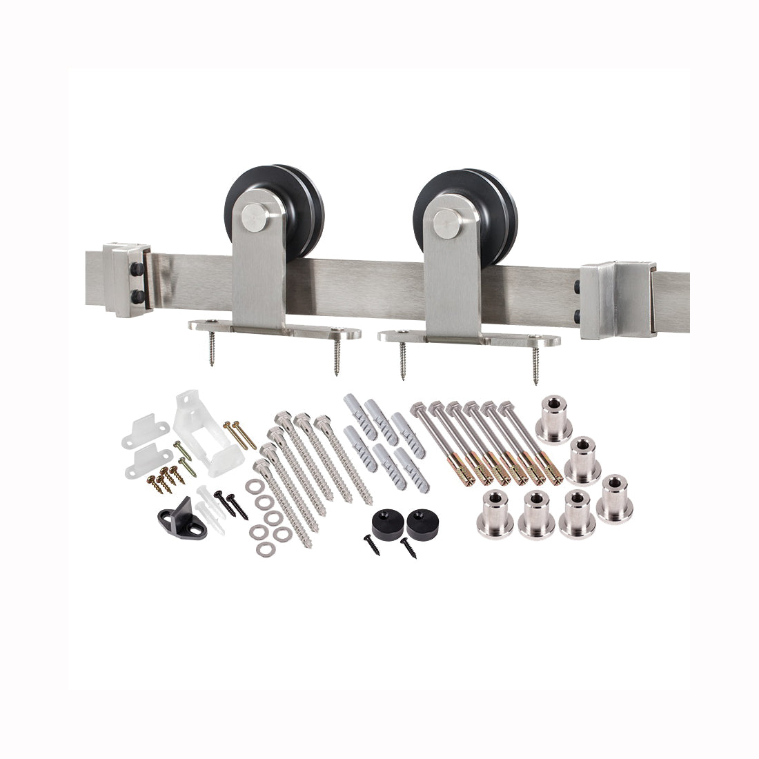 RENIN BD101K-09600-SS Straight Strap Barn Door Hardware Kit, 96 in L Track, Steel, Stainless Steel, Wall Mounting