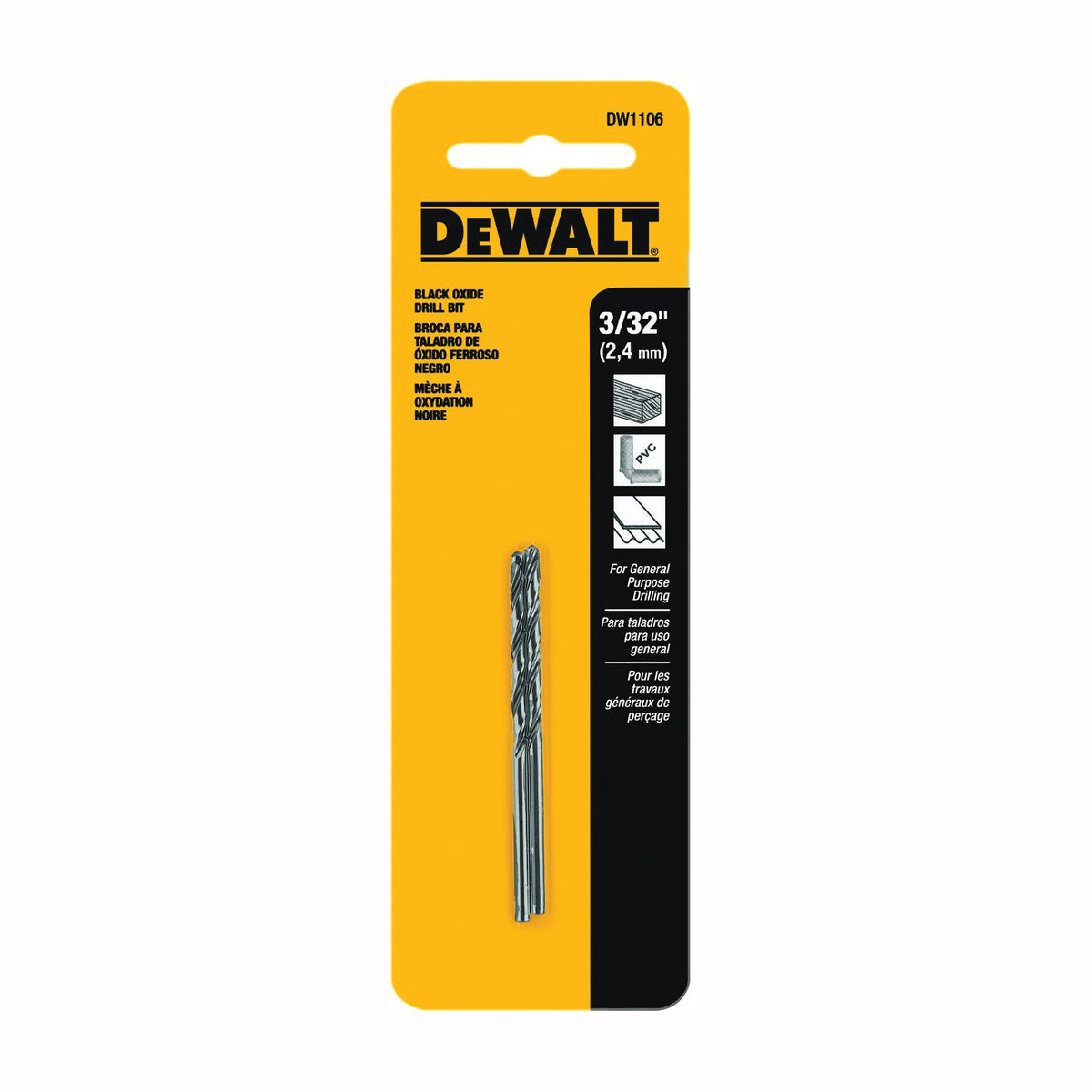 DeWALT DW1106 Jobber Drill Bit, 3/32 in Dia, 2-1/4 in OAL, Parabolic Flute, 3/32 in Dia Shank, Round Shank
