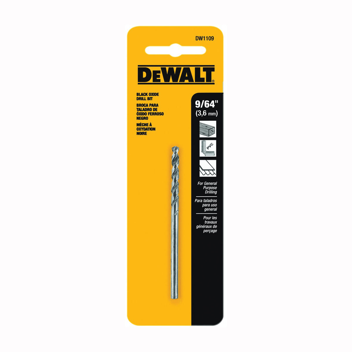 DeWALT DW1109 Jobber Drill Bit, 9/64 in Dia, 2-7/8 in OAL, Parabolic Flute, 9/64 in Dia Shank, Round Shank