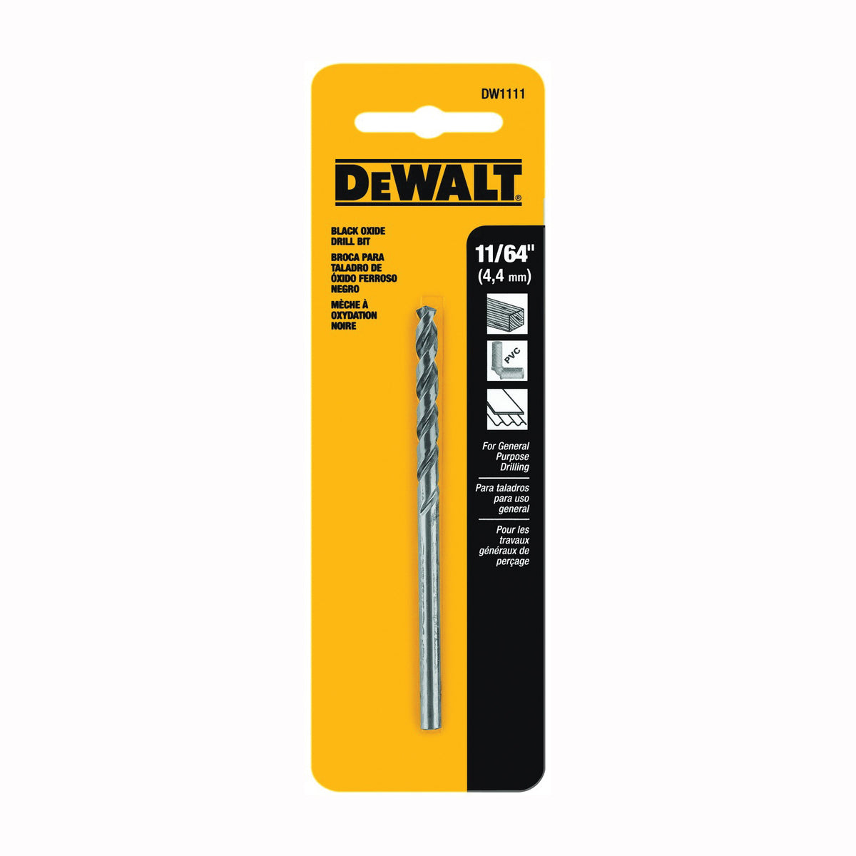 DeWALT DW1111 Jobber Drill Bit, 11/64 in Dia, 3-1/4 in OAL, Parabolic Flute, 11/64 in Dia Shank, Round Shank