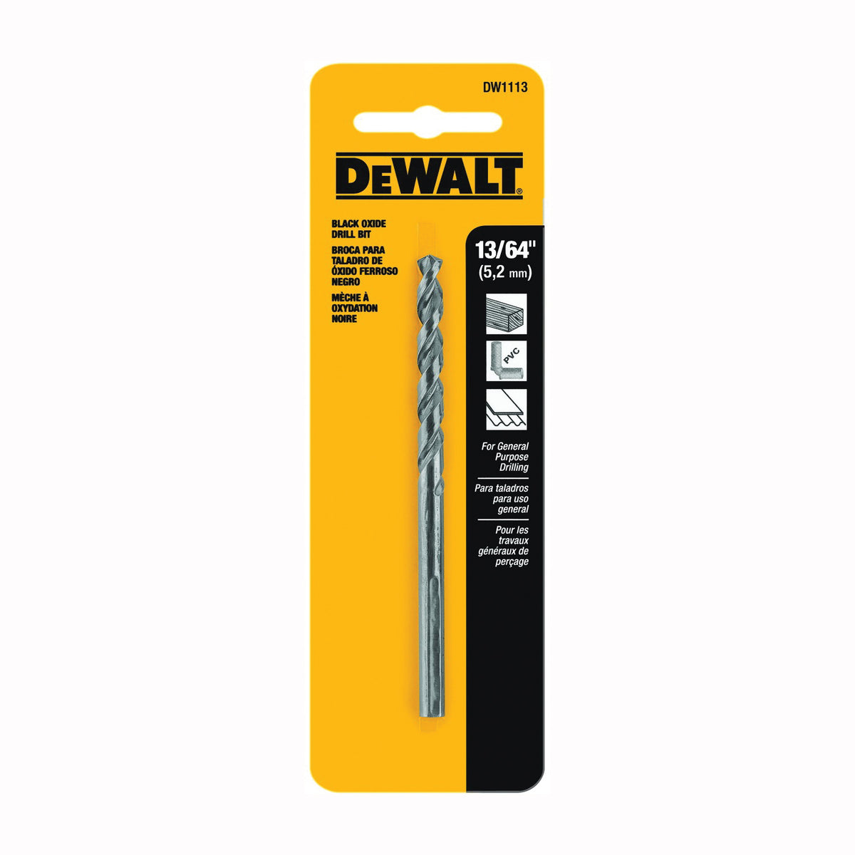 DeWALT DW1113 Jobber Drill Bit, 13/64 in Dia, 3-5/8 in OAL, Parabolic Flute, 13/64 in Dia Shank, Round Shank