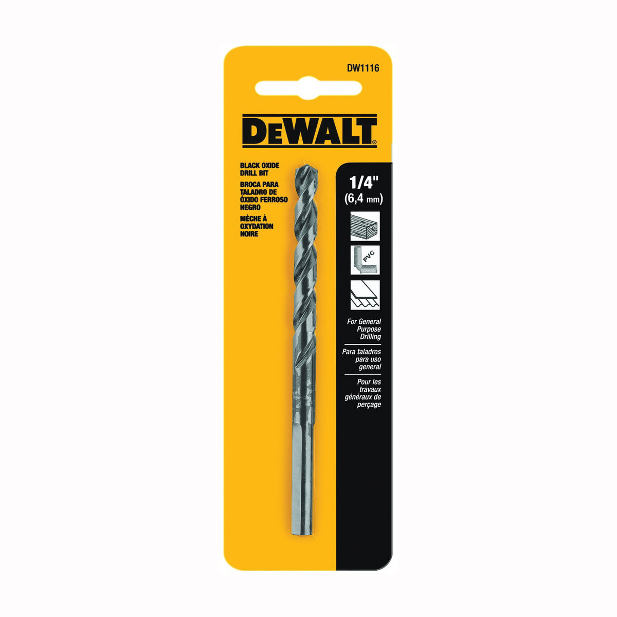 DeWALT DW1116 Jobber Drill Bit, 1/4 in Dia, 4 in OAL, Parabolic Flute, 1/4 in Dia Shank, Round Shank
