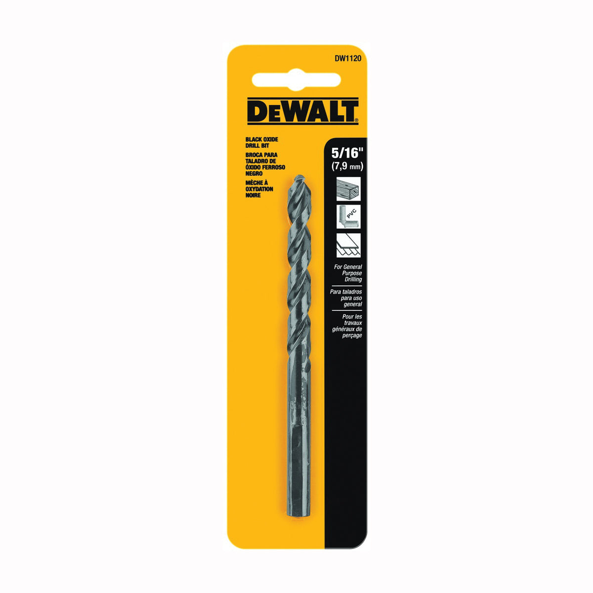 DeWALT DW1120 Jobber Drill Bit, 5/16 in Dia, 4-1/2 in OAL, Parabolic Flute, 5/16 in Dia Shank, Round Shank