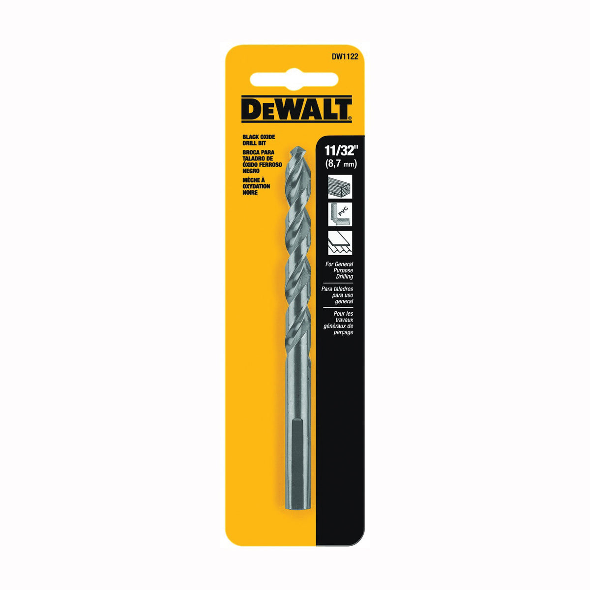 DeWALT DW1122 Jobber Drill Bit, 11/32 in Dia, 4-3/4 in OAL, Parabolic Flute, 11/32 in Dia Shank, Round Shank