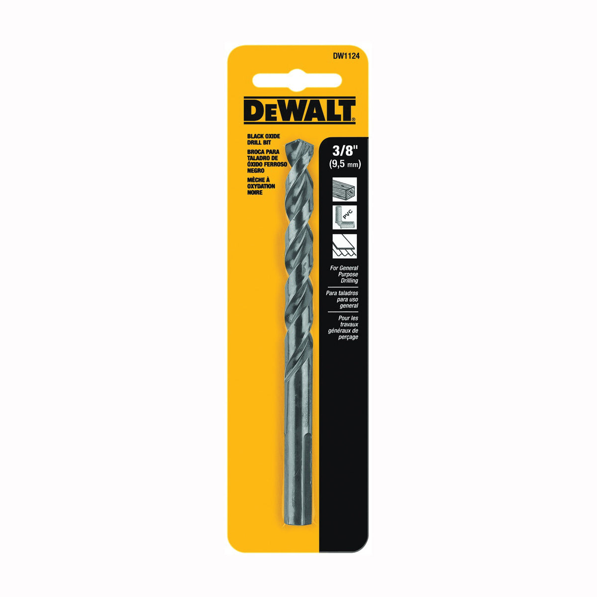 DeWALT DW1124 Jobber Drill Bit, 3/8 in Dia, 5 in OAL, Parabolic Flute, 3/8 in Dia Shank, Round Shank