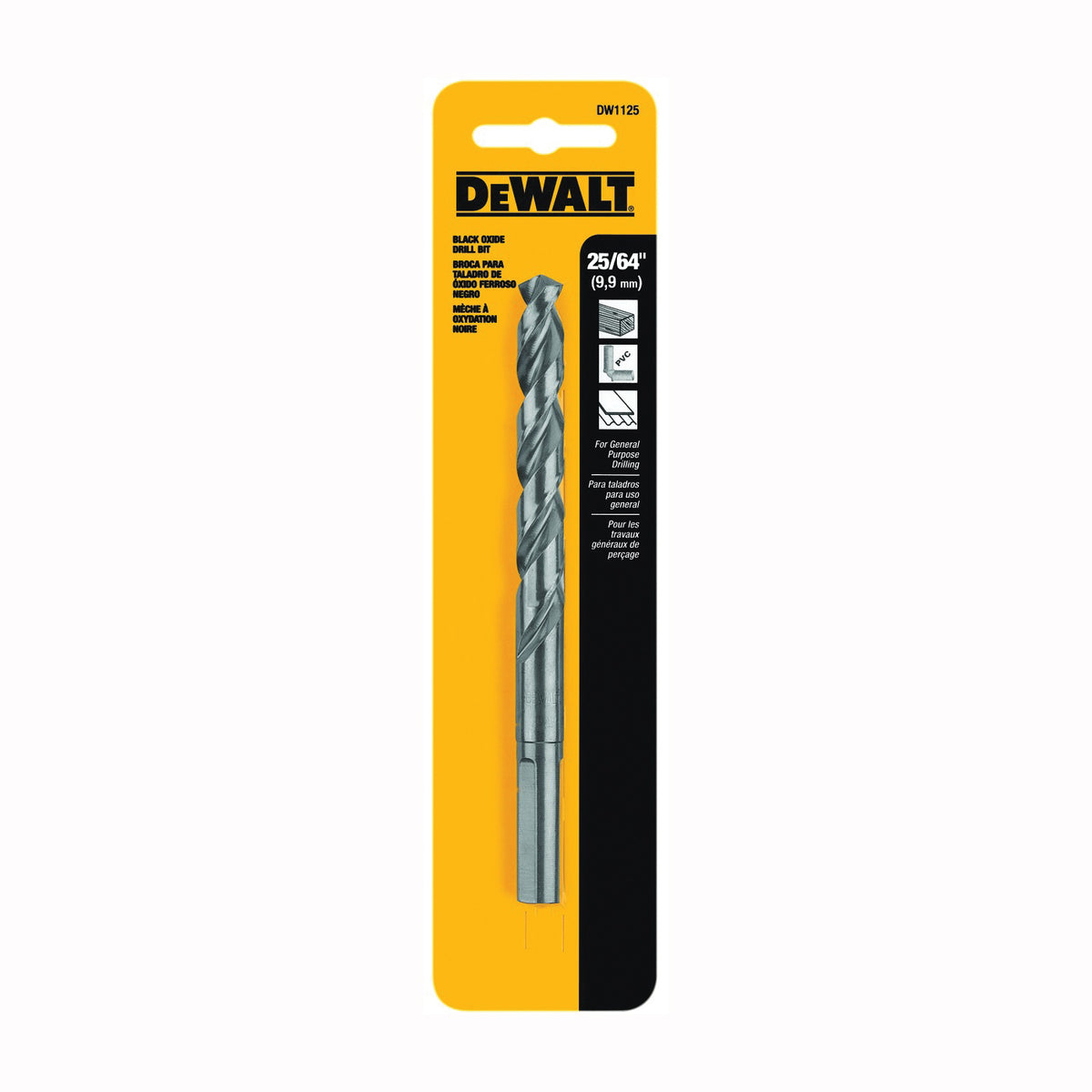 DeWALT DW1125 Jobber Drill Bit, 25/64 in Dia, 5-1/8 in OAL, Parabolic Flute, 25/64 in Dia Shank, Round Shank
