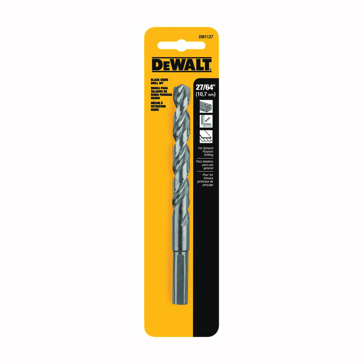 DeWALT DW1127 Jobber Drill Bit, 27/64 in Dia, 5-1/2 in OAL, Parabolic Flute, 27/64 in Dia Shank, Round Shank