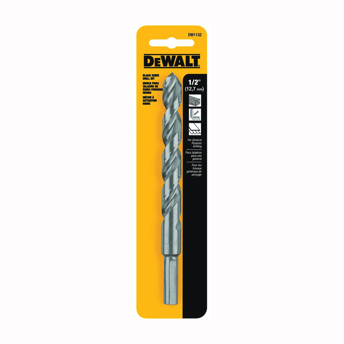 DeWALT DW1132 Jobber Drill Bit, 1/2 in Dia, 6 in OAL, Parabolic Flute, 1/2 in Dia Shank, Round Shank