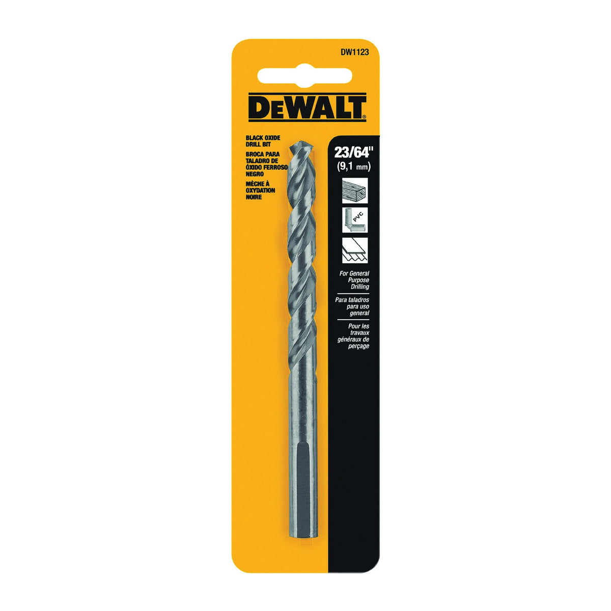 DeWALT DW1123 Jobber Drill Bit, 23/64 in Dia, 4-7/8 in OAL, Parabolic Flute, 23/64 in Dia Shank, Round Shank