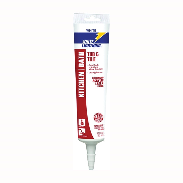 WHITE LIGHTNING W22000005 Latex Caulk, White, 3 to 4 days Curing, -30 to 180 deg F, 5.5 oz Squeeze Tube