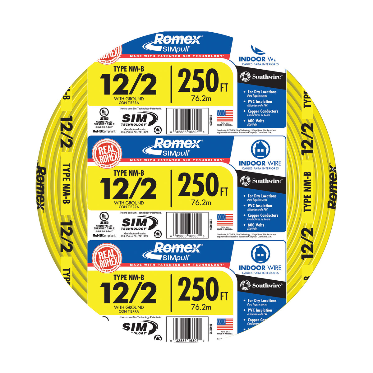 Southwire 147-1672G Building Wire, 12 AWG Wire, 2 -Conductor, 250 ft L, Copper Conductor, PVC Insulation