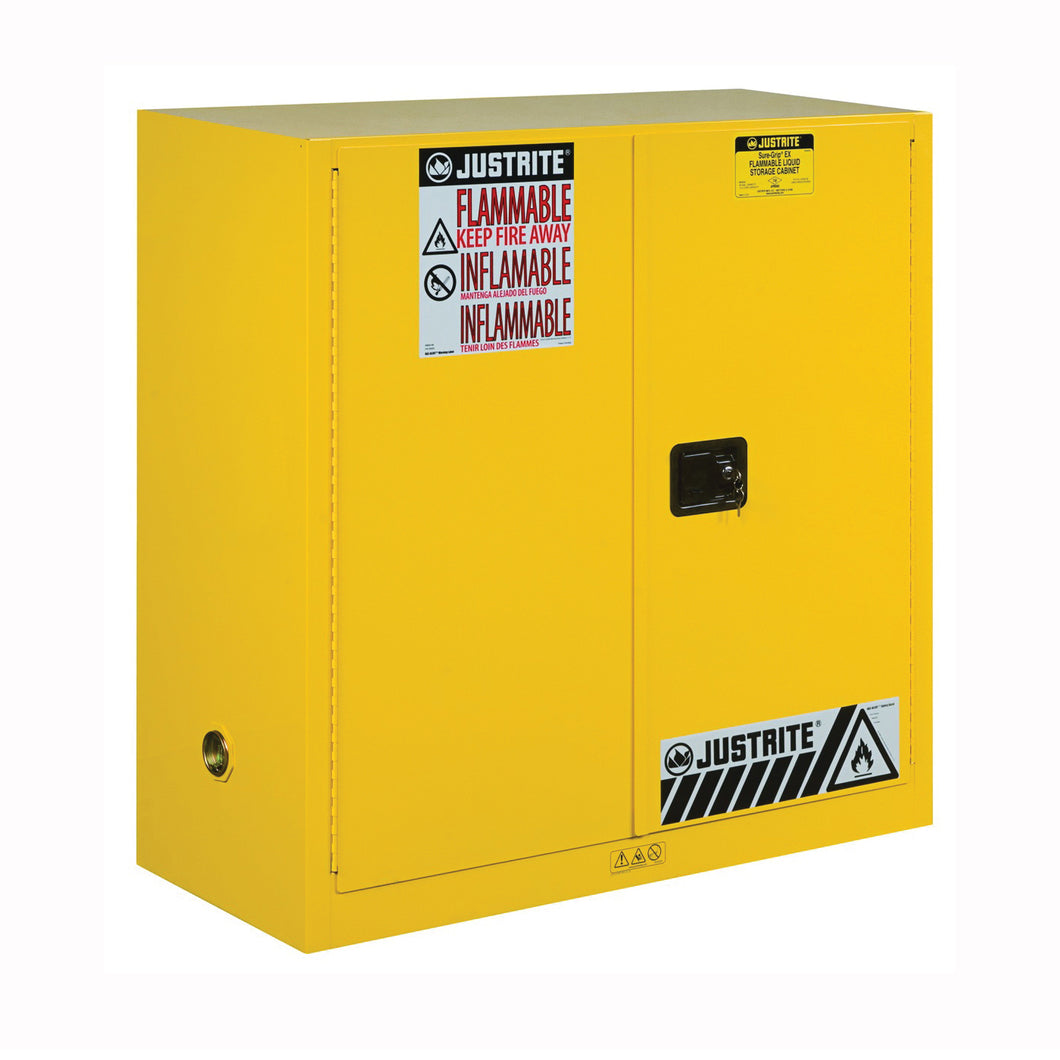 JUSTRITE Sure-Grip Series 893000 Safety Cabinet, 30 gal, 43 in OAW, 44 in OAH, 18 in OAD, 1-Shelf, Steel, Yellow