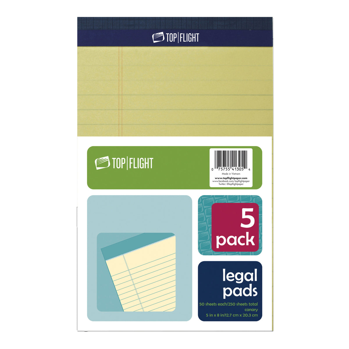 TOP FLIGHT 8105/5 4513090 Legal Pad, 8 in L x 5 in W Sheet, 50-Sheet, Canary Yellow Sheet