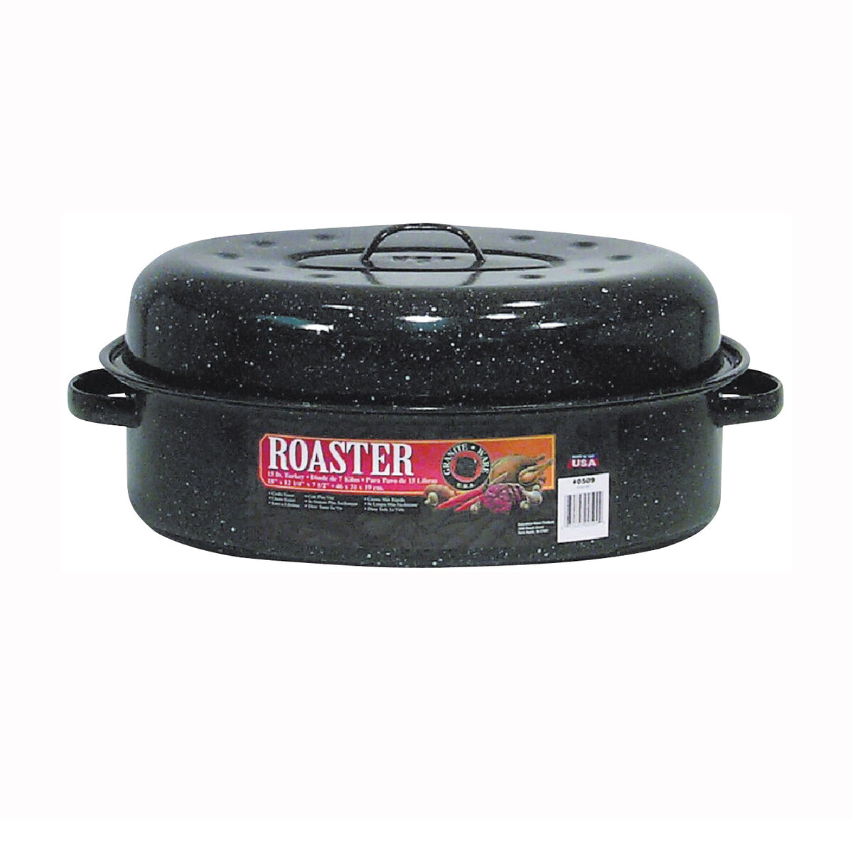 Granite Ware F0509-2 Roaster, 15 lb Capacity, Porcelain/Steel, Black, Dark Enamel, 18 in L, 12-1/4 in W