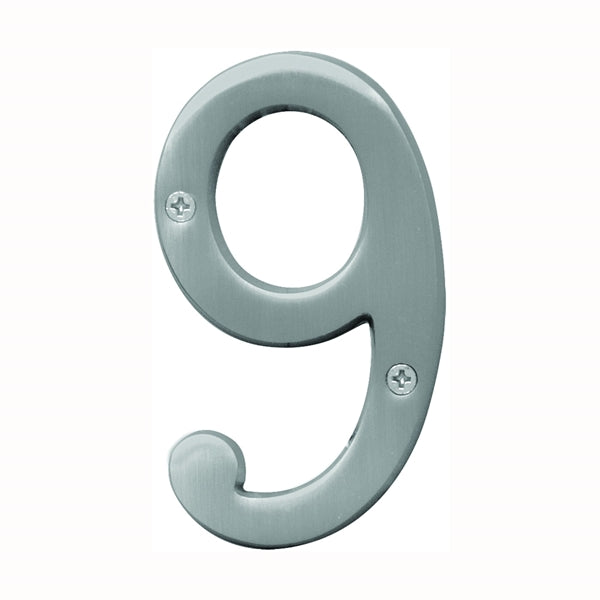 HY-KO Prestige Series BR-43SN/9 House Number, Character: 9, 4 in H Character, Nickel Character, Solid Brass