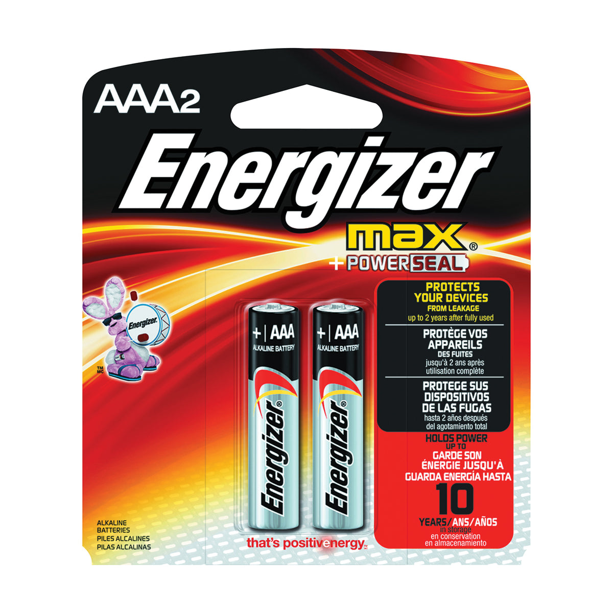 Energizer E92BP-2 Battery, 1.5 V Battery, 1250 mAh, AAA Battery, Alkaline, Manganese Dioxide, Zinc