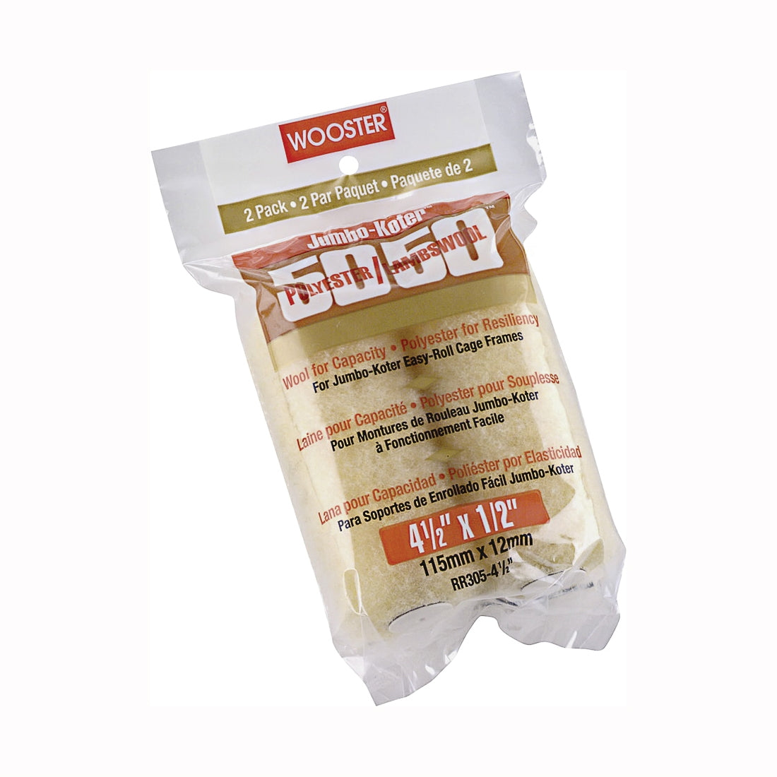 WOOSTER RR305-4 1/2 Paint Roller Cover, 1/2 in Thick Nap, 4-1/2 in L, Lambs Wool/Polyester Cover, Creamy