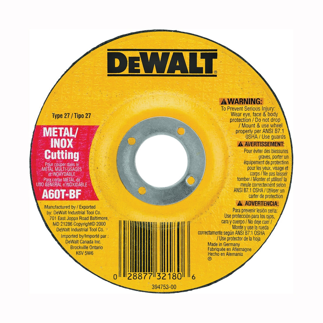 DeWALT DW8420 Cutting Wheel, 4 in Dia, 0.045 in Thick, 5/8 in Arbor, 60 Grit, Medium, Aluminum Oxide Abrasive