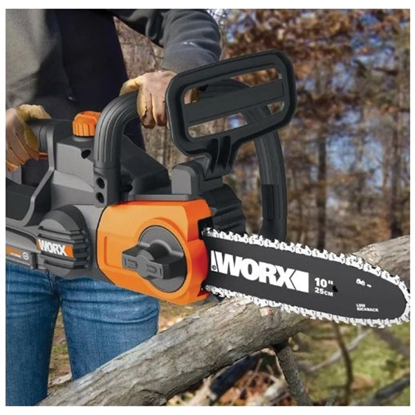 WORX WG322 Auto-Tension Chainsaw, 20 V Battery, 10 in L Bar/Chain, 3/8 in Bar/Chain Pitch, Black