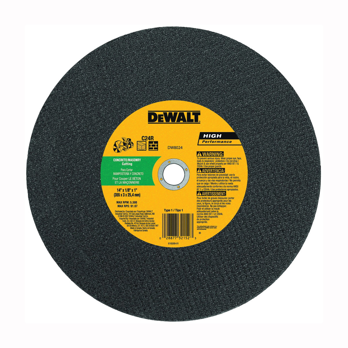 DeWALT DW8024 Cutting Wheel, 14 in Dia, 1/8 in Thick, 1 in Arbor, Silicone Carbide Abrasive