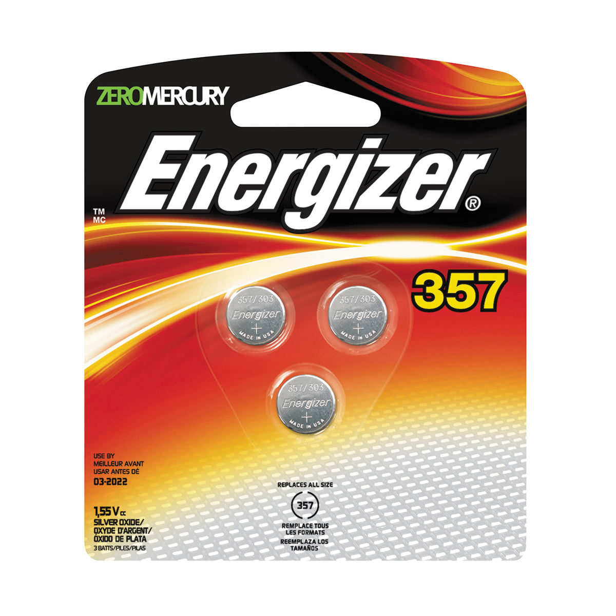 Energizer 357BPZ-3 Coin Cell Battery, 1.5 V Battery, 150 mAh, 357 Battery, Silver Oxide