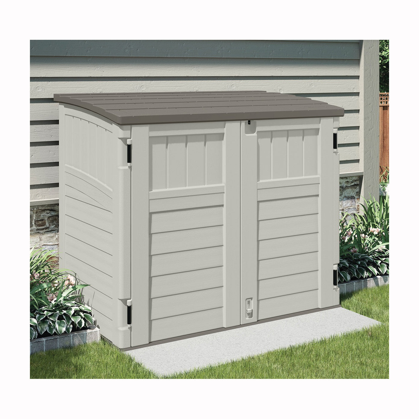 Suncast Stow-Away BMS2500 Storage Shed, 34 cu-ft Capacity, 4 ft 5 in W, 2 ft 8-1/4 in D, 3 ft 9-1/2 in H, Resin