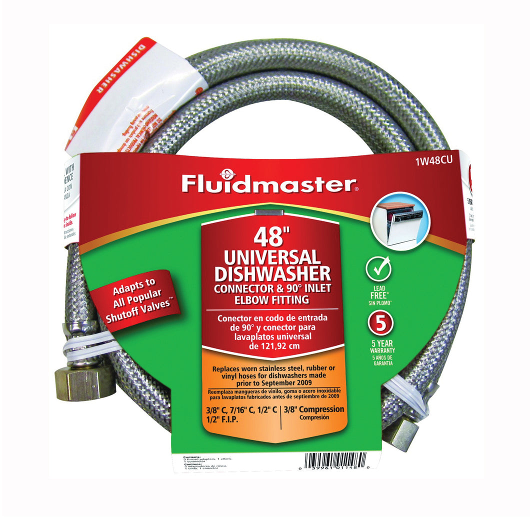 FLUIDMASTER 1W48CU Dishwasher Connector, 3/8 in, Compression, Polymer/Stainless Steel