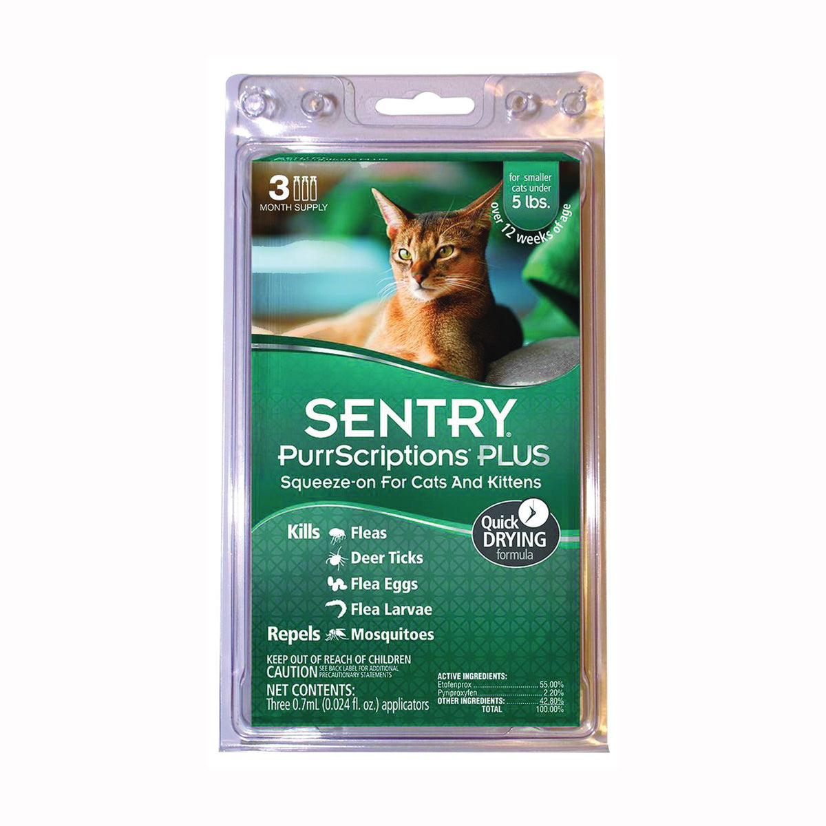 SENTRY PurrScriptions Plus 01980 Flea and Tick Squeeze-On, Liquid, Mild Acetate, 3 Count
