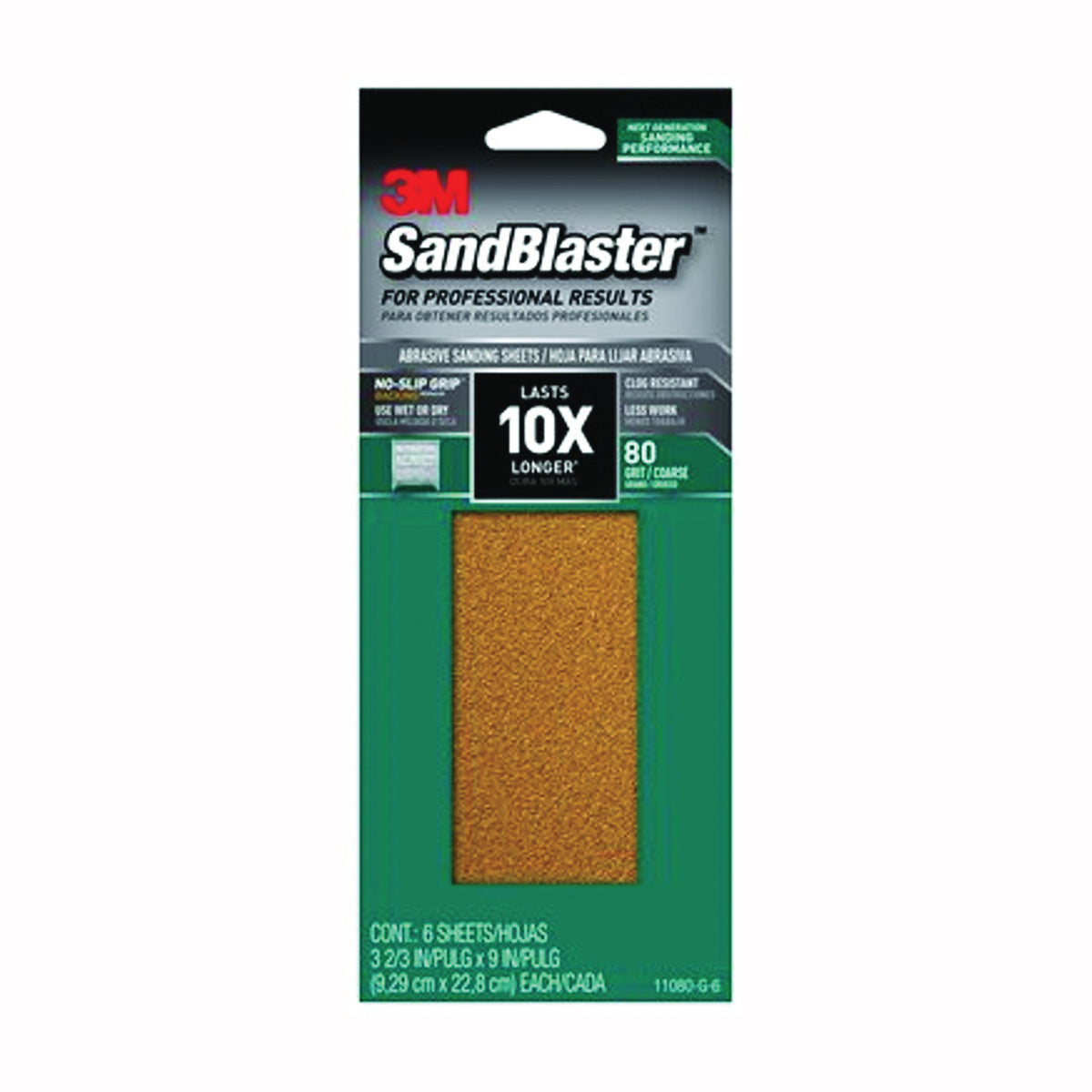 3M SandBlaster Series 11080-G-6 Sandpaper, 9 in L, 3-5/8 in W, 80 Grit, Coarse, Aluminum Oxide Abrasive