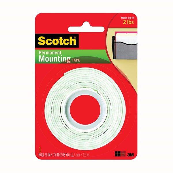 Scotch 110 Mounting Tape, 75 in L, 1/2 W, White