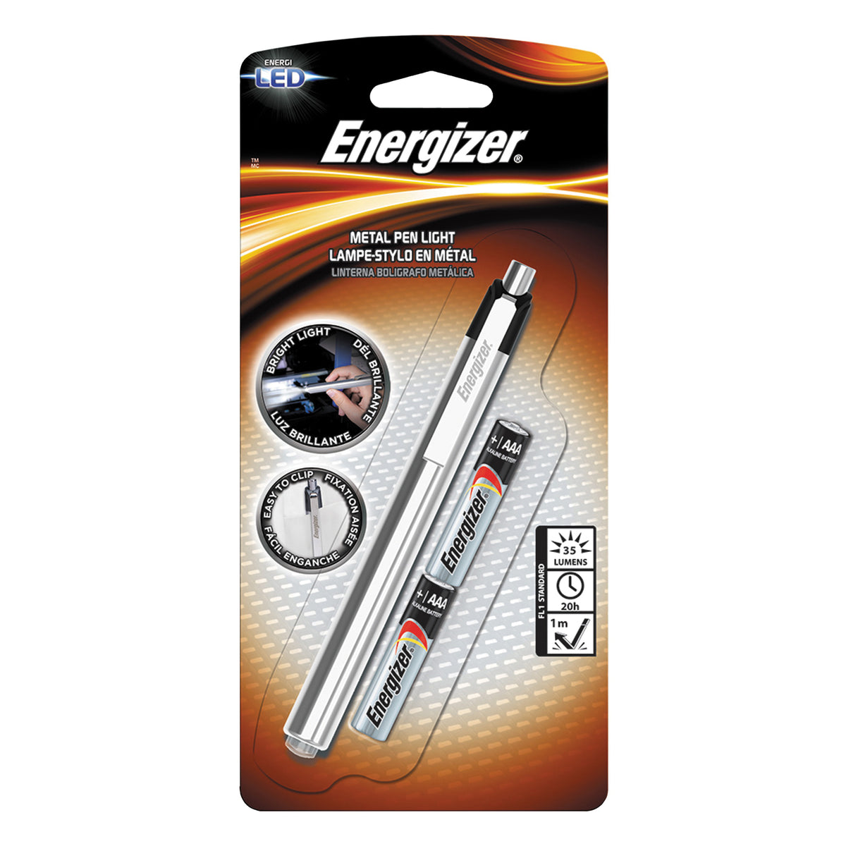 Energizer PLED23AEH LED Penlight, AAA Battery, 11 Lumens Lumens, 27 m Beam Distance, 16 hr Run Time, Silver