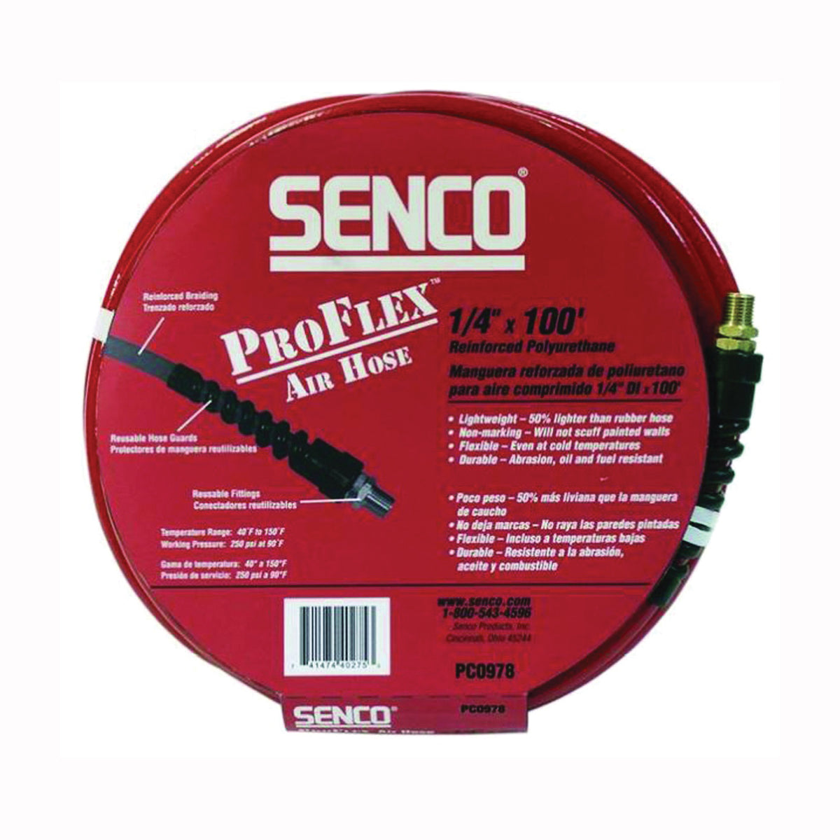 SENCO PC0978 Air Hose, 1/4 in OD, 100 ft L, MPT, 250 psi Pressure, Polyurethane
