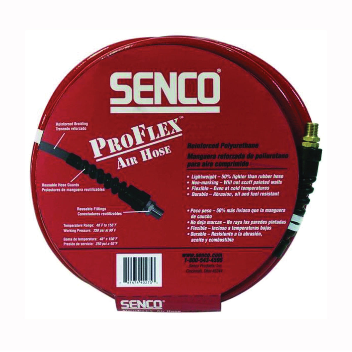 SENCO PC0979 Air Hose, 3/8 in OD, 50 ft L, MPT, 250 psi Pressure, Polyurethane