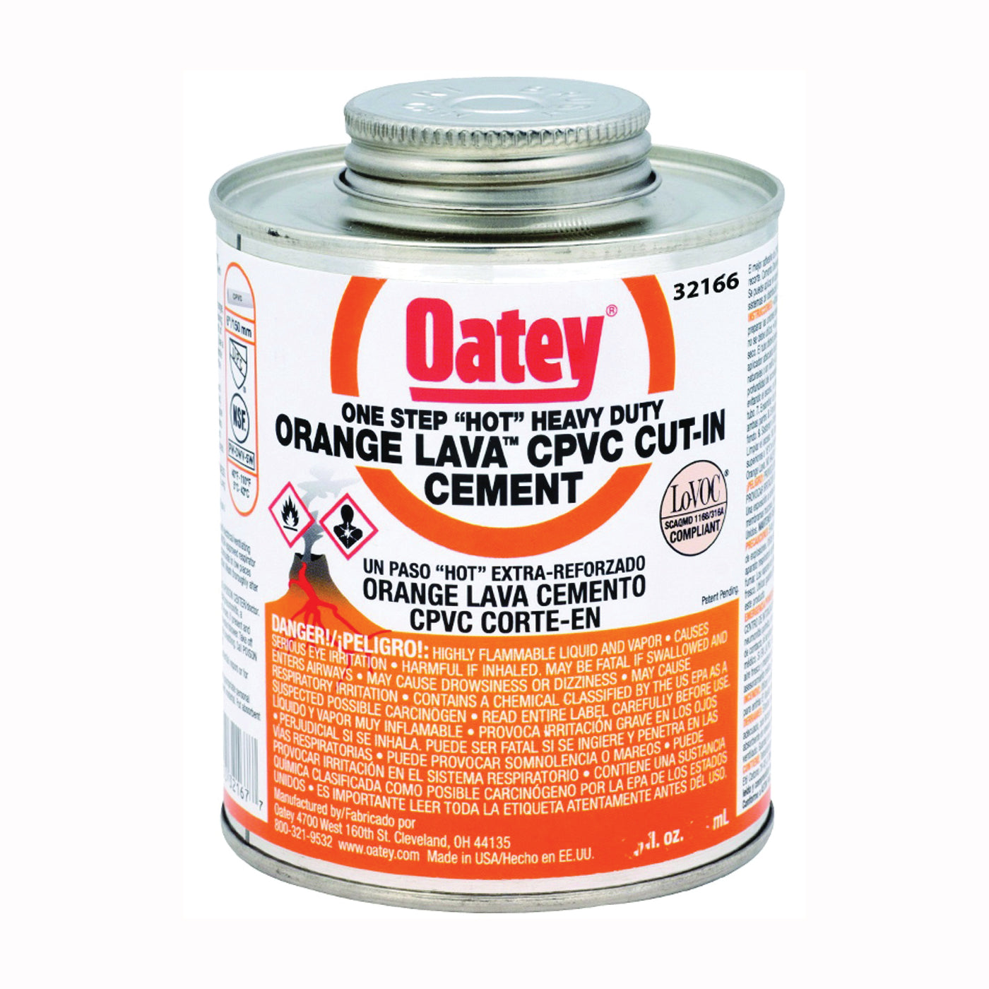 Oatey 32166 Solvent Cement, 8 oz Can, Liquid, Orange