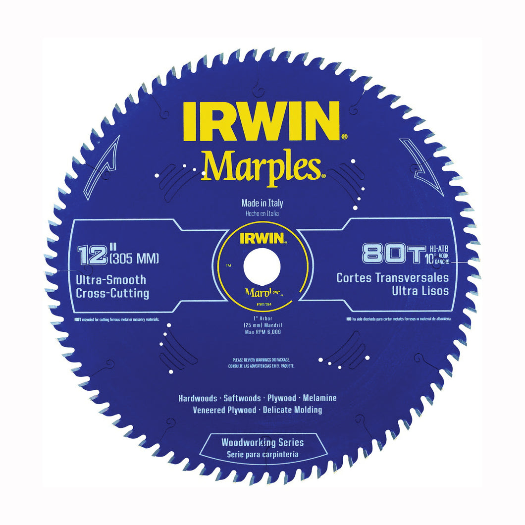 IRWIN 1807384 Circular Saw Blade, 12 in Dia, 1 in Arbor, 80-Teeth, Carbide Cutting Edge