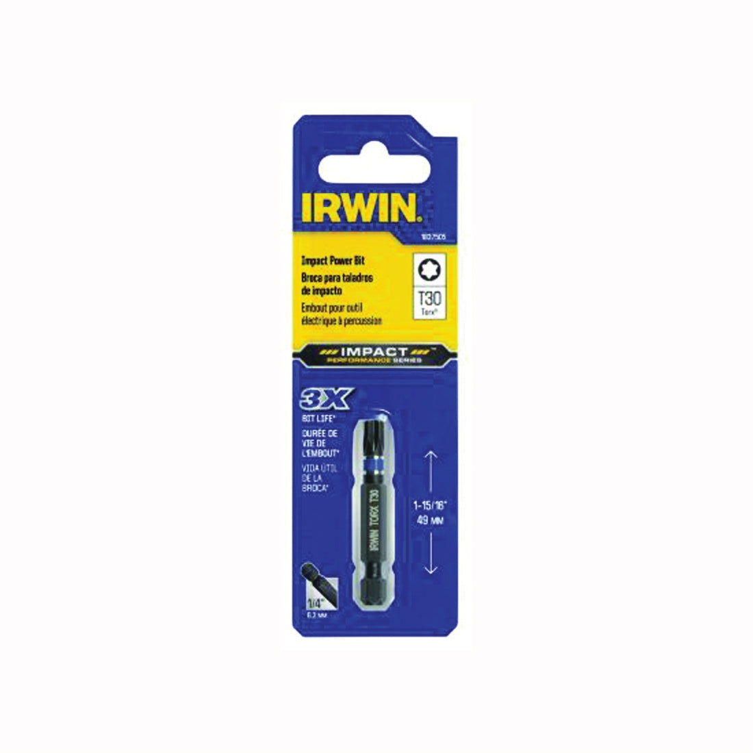 IRWIN 1837505 Power Bit, T30 Drive, Torx Drive, 1/4 in Shank, Hex Shank, 2 in L, S2 Steel