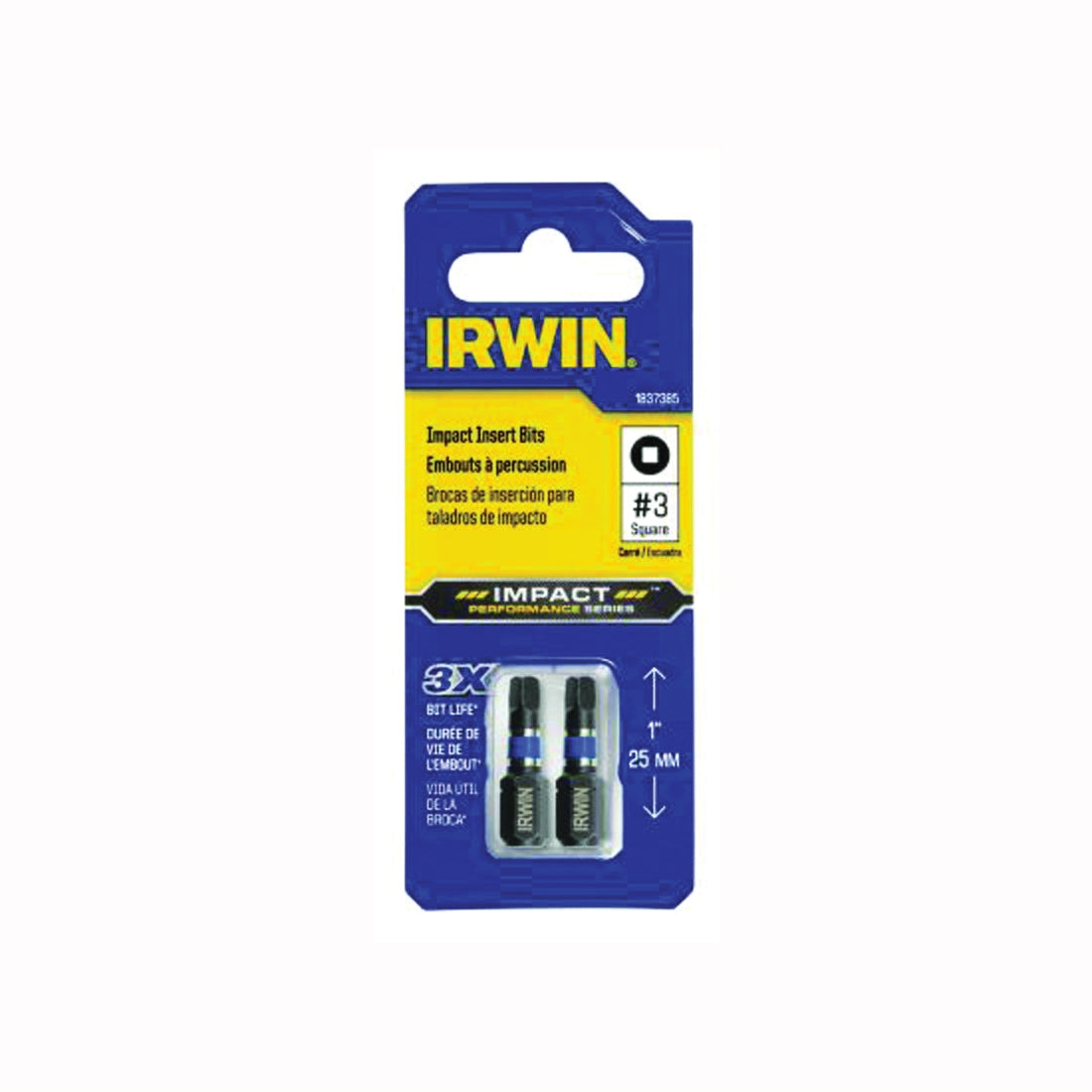IRWIN 1837385 Insert Bit, #3 Drive, Square Recess Drive, 1/4 in Shank, Hex Shank, 1 in L, High-Grade S2 Tool Steel