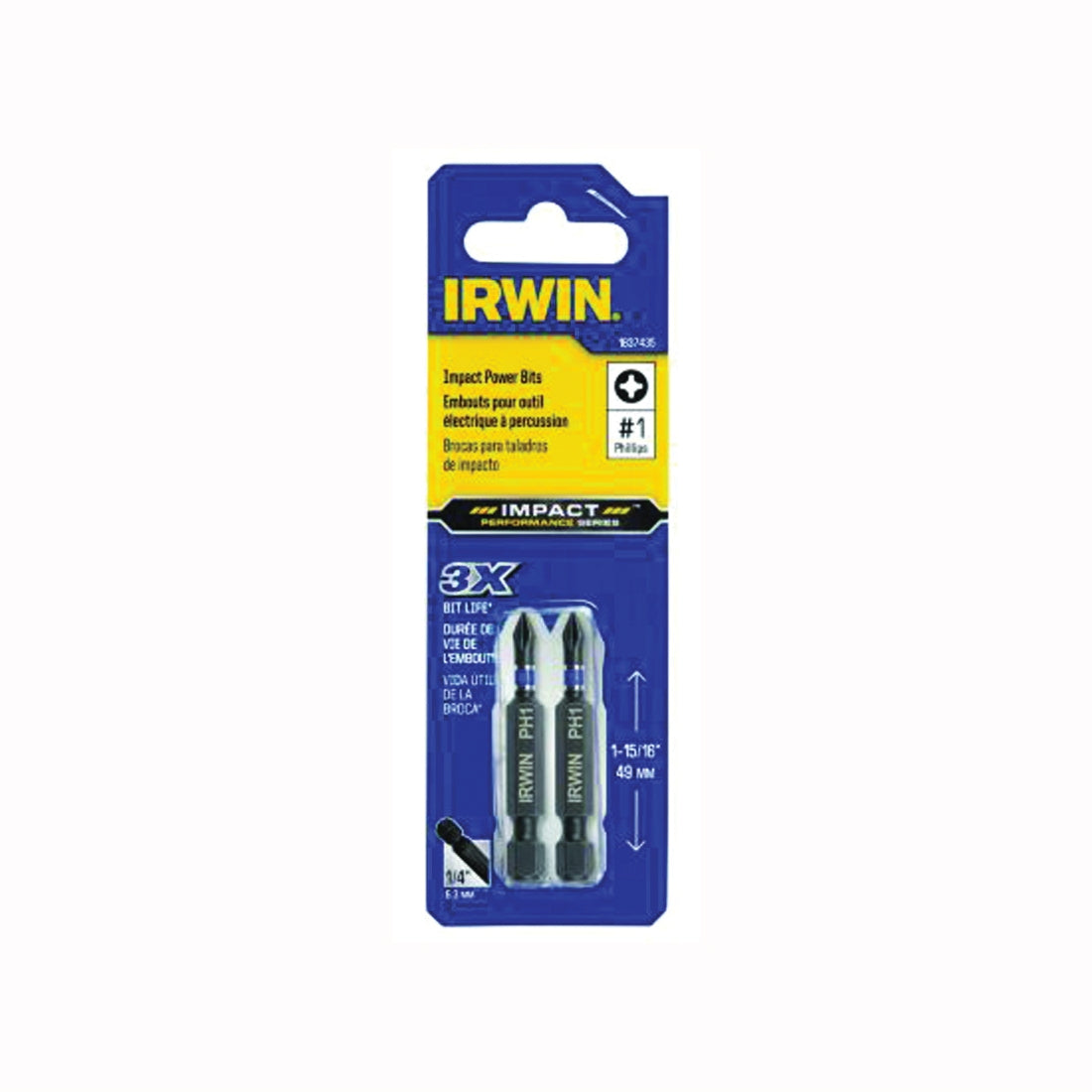 IRWIN 1837435 Power Bit, #1 Drive, Phillips Drive, 1/4 in Shank, Hex Shank, 2 in L, High-Grade S2 Tool Steel