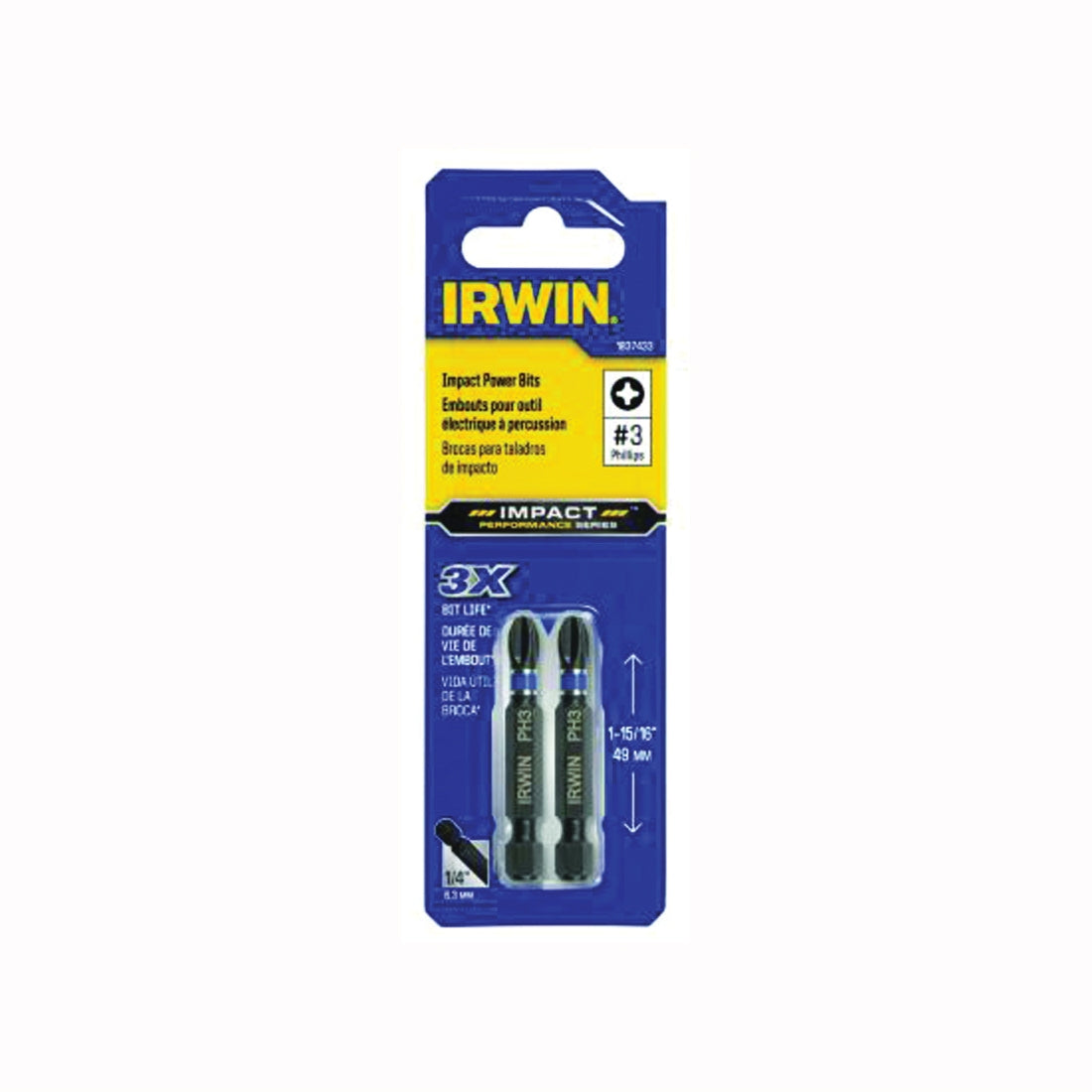 IRWIN 1837433 Power Bit, #3 Drive, Phillips Drive, 1/4 in Shank, Hex Shank, 2 in L, S2 Steel