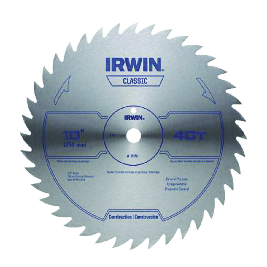 IRWIN 11170 Circular Saw Blade, 10 in Dia, 5/8 in Arbor, 40-Teeth, Bi-Metal Cutting Edge