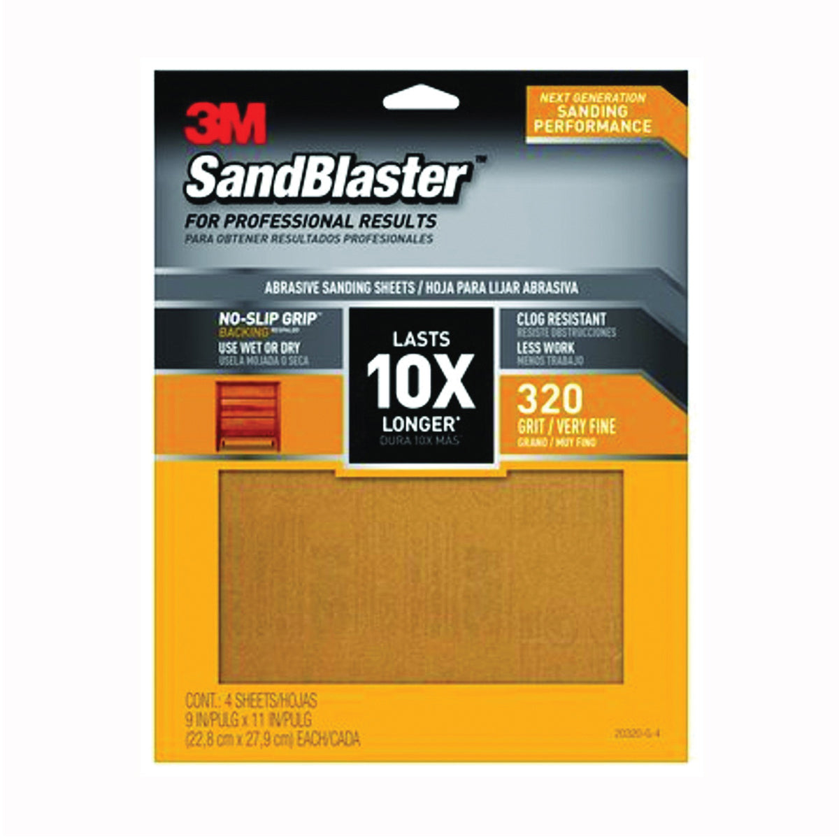 3M SandBlaster Series 20320-G-4 Sandpaper, 11 in L, 9 in W, 320 Grit, Very Fine, Aluminum Oxide Abrasive