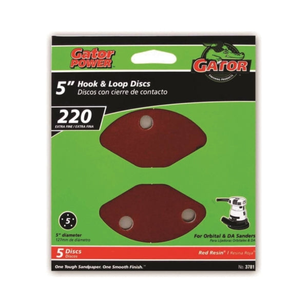 Gator 3781 Sanding Disc, 5 in Dia, 220 Grit, Extra Fine, Aluminum Oxide Abrasive, Vented